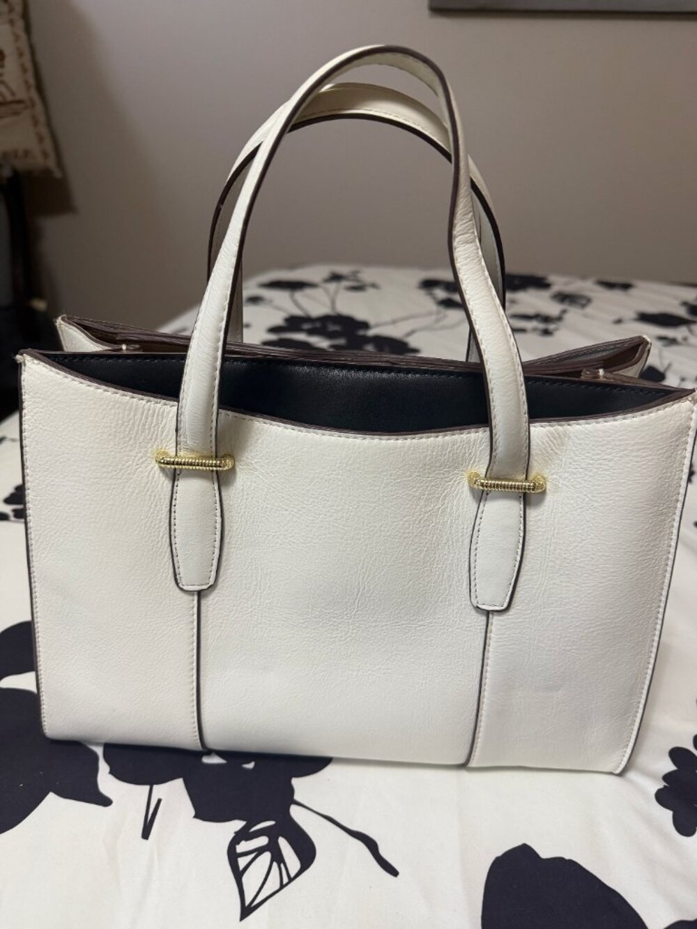 Ivory Cream Structured Tote Handbag Gold Hardware Classic Satchel